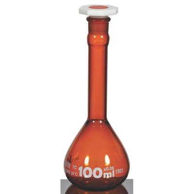 VOLUMETRIC FLASKS, CLASS A, INDIVIDUALLY CERTIFIED, WIDE MOUTH, AMBER GLASS, QR